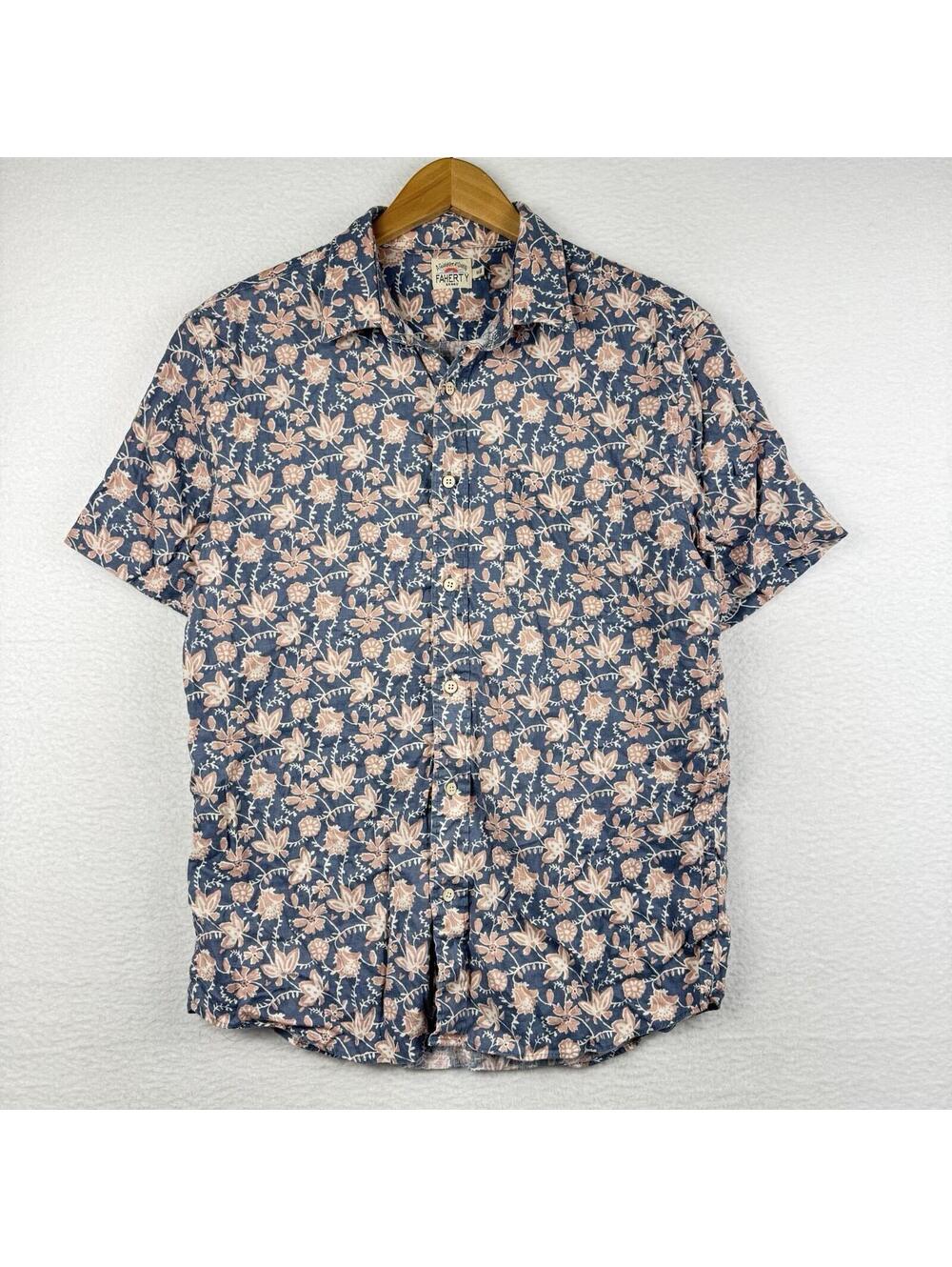 Faherty Mens Medium Hemp Blend Short Sleeve Blue Pink Floral Button Up Shirt